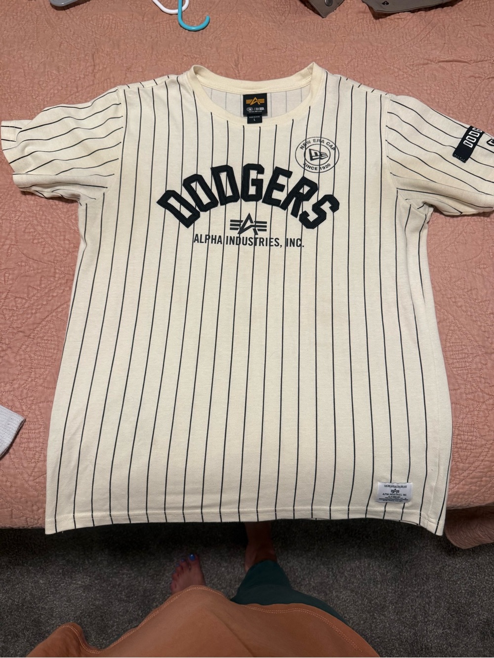 Alpha Industries Cream T‑Shirt with Navy Pinstripes and Dodgers Logo